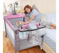 BIERUM Pack n Play 5 en 1, moisés de noche, cuna ajustable de 3 alturas con cambiador de pañales, bolsa de almacenamiento y caja de música, moisés portátil con bolsa de transporte, colchón para recién
