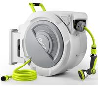 Bietor Carrete de manguera de 45 m + 2 m, giratorio 180°, montaje en pared, retorno automático, bloqueo de longitud, manguera de jardín de 10 funciones. Adecuado para riego de jardín, lavado de coches