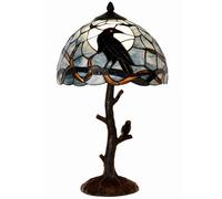 Bieye L30956 Cuervo sentado en una rama de árbol desnudo en una noche de luna llena Lámpara de mesa de vidrio de colores estilo Tiffany para decoración del hogar (Azul oscuro, 12 ancho x 20 alto)