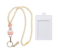 BIFHIG 1 Cordón para Permiso De Trabajo, 1 Tarjetero De Cuero PU, Cadena con Cuentas De Flores, Tarjetero Transparente De Doble Capa, Cubierta Protectora para Permiso De Trabajo.