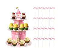BIFHIG 1 Soporte De Pastel De Castillo Rosa Y 24 Palitos De Pajarita, Soporte De Decoración De Postres De Fiesta, Palito De Cupcake, Decoración De Cumpleaños De Niña.