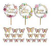 BIFHIG 3 Piezas De Inserciones De Pastel De Flores, 20 Piezas De Inserciones De Mariposas, Inserciones De Letras De Cumpleaños, Inserciones De Decoración De Postres, Adecuadas para Fiestas Y Fiestas.