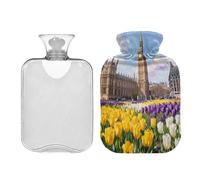 Big Ben - Bolsa de agua caliente con diseño de flores y pintura al óleo con tapa suave de 2 litros para el cuerpo, para aliviar el dolor, calentador de barriga, bolsas para agua Caliente