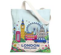 Big Ben - Bolsa de lona para mujer, diseño de dibujos animados de Londres, autobús de dos pisos, color azul, lavable, reutilizable, para compras, brunch, parque, biblioteca, excursiones, 13 x 15