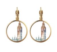 Big Ben in Britain Art Deco - Pendientes de gota de oro con clip, sin perforación, joyería colgante