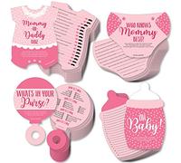 Big Dot of Happiness Baby Girl - 4 juegos de baby shower rosa - 10 cartas cada uno - Quién sabe mejor mamá o papá cuestionario, ¿Qué hay en tu bolso y Oh bebé - Gamerific Bundle