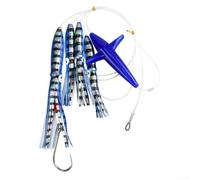 Big Game Pesca Teaser aparejado con cuatro señuelos de calamar para agua salada, atún, marlin, margarita, cadena, plumas, cebo, color amarillo, 22,5 cm de longitud, 151 g de peso, efecto de brillo