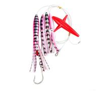 Big Game Pesca Teaser aparejado con cuatro señuelos de calamar para agua salada, atún, marlin, margarita, cadena, plumas, cebo, color amarillo, 22,5 cm de longitud, 151 g de peso, efecto de brillo