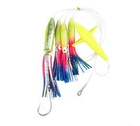 Big Game Pesca Teaser aparejado con cuatro señuelos de calamar para agua salada, atún, marlin, margarita, cadena, plumas, cebo, color amarillo, 22,5 cm de longitud, 151 g de peso, efecto de brillo