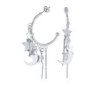 Big Large Celestial Crescent Moon Stars Dangling Charm Hoop Stud Earrings For Women Teen Silver Tone Stainless Steel 2.5 Diameter