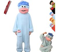 Big Mouth Monster Onesie,Funny Plush Monster Pajamas for Adult,Silly Coral Fleece Onesies,Cozy Hooded Loungewear with Hair (FR/ES, Letras, L, Regular, Regular, Blue)