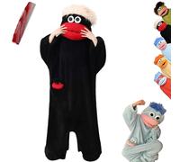 Big Mouth Monster Onesie,Funny Plush Monster Pajamas for Adult,Silly Coral Fleece Onesies,Cozy Hooded Loungewear with Hair (FR/ES, Letras, XL, Regular, Regular, Black)