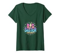 Big Sister Energy Sparkly Retro Text, Hermanas Mayores para niñas Camiseta Cuello V, Mujer, Verde Bosque, S