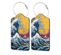 Big Wave Graffiti Street Art - Paquete de 2 etiquetas de equipaje de cuero con solapa de privacidad, etiqueta de identificación de nombre y lazo de metal para mujeres y hombres