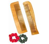 BigBro 2 dientes anchos de madera natural pura para mujeres y hombres, peine orgánico antibacteriano para eliminar la caspa del cabello, hecho a mano (paquete de 2 peines + 2 coleteros de terciopelo)