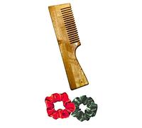 BigBro Peine de madera natural pura con mango para mujeres y hombres, peine orgánico antibacteriano para quitar la caspa, hecho a mano (paquete de 1 peine + 2 coleteros de terciopelo)