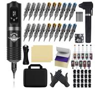 Bigcan Kit de pluma de tatuaje rotativo inalámbrico completo - Máquina de tatuaje profesional con batería reemplazable de 1800 mAh, 10 tintas y pieles de práctica,Rojo,C