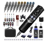 Bigcan Kit de pluma de tatuaje rotativo inalámbrico - máquina de tatuaje profesional con batería de 1800 mAh, 10 tintas de color y accesorios completos de artistas,Gris,A