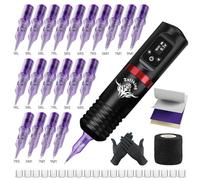 Bigcan Kit de pluma de tatuaje rotativo inalámbrico: máquina de tatuaje rotativo completo con 20 cartuchos, voltaje ajustable de 4-12V para forro y sombreado,Rojo