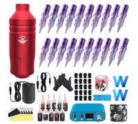 Bigcan Kit de tatuaje de tatuaje rotativo: máquina de tatuaje compacta con motor sin núcleo de 9000 rpm, fuente de alimentación, 10 tintas y 20 cartuchos para artistas,Rojo