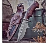 BIGCAT ROAR Beast Hunter - Cuchillo Caza Artesanal Acero Damasco 25 4 cm - Mango Madera Nogal y Funda Cuero - EDC Bushcraft Monte Campo y Supervivencia - Regalo Hombres Cazadores o Coleccionistas
