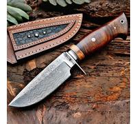 BIGCAT ROAR Wild Tiger - Cuchillo Caza Acero de Damasco Artesanal 25 4 cm - Mango Madera Nogal y Funda Cuero - EDC Bushcraft Campo Monte y Supervivencia - Regalo Hombres Cazadores o Coleccionistas