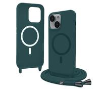 Bigcousin Funda Magnética con Cuerda Compatible con iPhone 15 Plus,Compatible con Magsafe,Silicona Caso con Correa Colgante Ajustable Collar Correa de Cuello Cadena Cordón,Verde