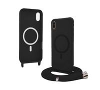 Bigcousin Funda Magnética con Cuerda Compatible con iPhone XR,Compatible con Magsafe,Silicona Caso con Correa Colgante Ajustable Collar Correa de Cuello Cadena Cordón,Negro