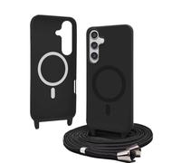 Bigcousin Funda Magnética con Cuerda Compatible con Samsung Galaxy S24 Plus,Compatible con Magsafe,Silicona Caso con Correa Colgante Ajustable Collar Correa de Cuello Cadena Cordón,Negro