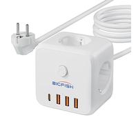 Bigfish 3 M Cubo Ladrón Enchufe, Regleta USB 3 Tomas de AC y 4 USB (3A+1C) Enchufe Múltiple, Regleta Enchufes Protección Sobretensión, Ladrón Enchufe Múltiple con Interruptor para Mesa, Oficina, Casa