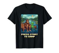 Bigfoot Alien Campfire Press Start To Camp, Divertido Estilo Retro Camiseta