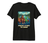 Bigfoot Alien Campfire Press Start To Camp, Divertido Estilo Retro Camiseta Premium