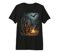 Bigfoot Campfire Cryptid Bosque Escena Nocturna Camiseta Premium