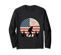 Bigfoot celebra bajo el 4 de julio fuegos artificiales y bandera de Estados Unidos Manga Larga