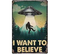Bigfoot I Want to Believe UFO Letreros de metal vintage para garaje para hombres, decoración de pared, carteles de estación de petróleo y gasolina, decoración de cueva de hombre, 8 x 12 pulgadas