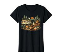 Bigfoot Sasquatch RV Camping Campfire Mountain Forest Camiseta gráfica económica, Mujer, Negro, L