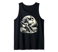 Bigfoot tocando la guitarra bajo luna llena en bosque de pinos naturaleza Camiseta sin Mangas