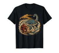 Bigfoot Water Skiing Behind Nessie Cryptid Humor Camiseta gráfica económica