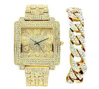 Biggie Bling-ed out Easy Reader - Arabic # 's on Dial of Square Unisex Reloj Hombres y Mujeres Que Quieren Estar en Punto - Set Incluye Bling-ed out Gold Pulsera Cubana - ST10246GB - Cubano