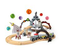 Bigjigs Rail Juego de tren espacial | Ferrocarril de madera de 40 piezas para niños pequeños | Juguete de estación Montessori | Cohete futurista y astronautas | Madera certificada FSC | Diversión de