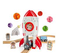 Bigjigs Rail Rocket Ship | Accesorios ferroviarios de madera | Figura de nave espacial y astronauta para pista de tren para niños | Juguetes espaciales para juego imaginativo | Cohetes de juguete de