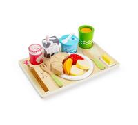 Bigjigs Toys Bandeja de desayuno en la cama | Juego de alimentos de madera de 28 piezas para niños | Accesorios de cocina de juguete Montessori | Bandeja de desayuno de simulación con tostadas, frutas