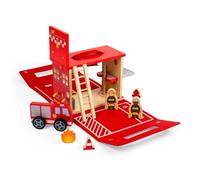 Bigjigs Toys Estación de bomberos sobre la marcha | Juego de viaje de madera para niños | Juego de funda de transporte de fieltro con juguete de motor de madera, figuras de bombero y accesorios |