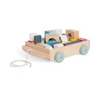 Bigjigs Toys FSC Certified Brick Pull Along Cart - Wooden Pull Along Wagon with Baby Blocks for 18 Months +, Sustainable Pull Along Toy & Wooden Baby Walker, Educational Shape Game
