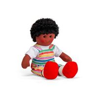Bigjigs Toys Jake Doll Small | Pequeño Ragdoll Boy para bebés | Juguete suave reconfortante con pelo negro y peto arcoíris | Muñecas de peluche para bebés y niños pequeños | Primeros regalos para