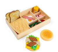Bigjigs Toys Juego de delicatessen de madera | Juego de comida de simulación para niños para cocina | Kit de juego de rol Montessori para niños pequeños | 30 piezas de comida de madera y fieltro |