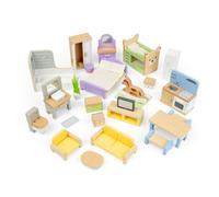 Bigjigs Toys Juego de muebles para casa de muñecas, accesorios de madera para casa de muñecas, paquete de 31 figuras de casa de muñecas, sala de estar, baño, cocina y juegos de 2 dormitorios, juego
