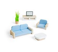 Bigjigs Toys Juego de sala de estar | Muebles de casa de muñecas de madera | Accesorios de casa de muñecas para niños | Juego de juguete con mini sofá, TV y figuras de silla | Juegos de juegos para el