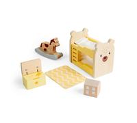 Bigjigs Toys Juego de dormitorio para niños, muebles de casa de muñecas de madera, accesorios para casa de muñecas para niños, juego de habitación de muñecas en miniatura con litera de madera, baúl de