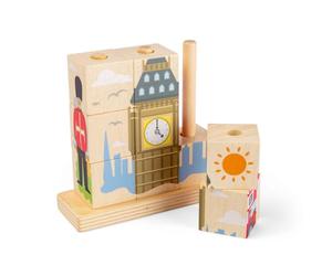 Bigjigs Toys London - Bloques apilables | Rompecabezas de madera para niños pequeños | Juego de construcción y clasificación de 9 bloques | Cubos clasificadores temáticos de ciudad para niños |